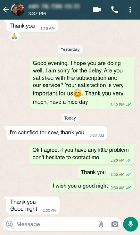 WhatsApp review from a Plima4K customer