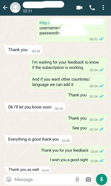 WhatsApp review from a Plima4K customer