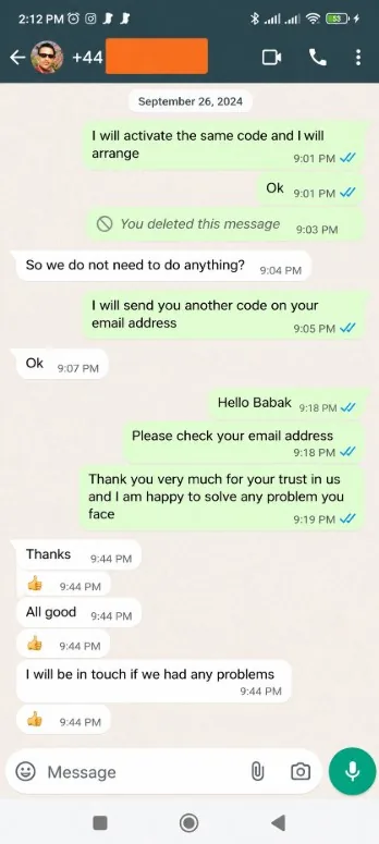 WhatsApp review from a Plima4K customer