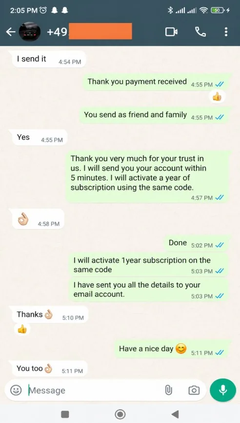 WhatsApp review from a Plima4K customer