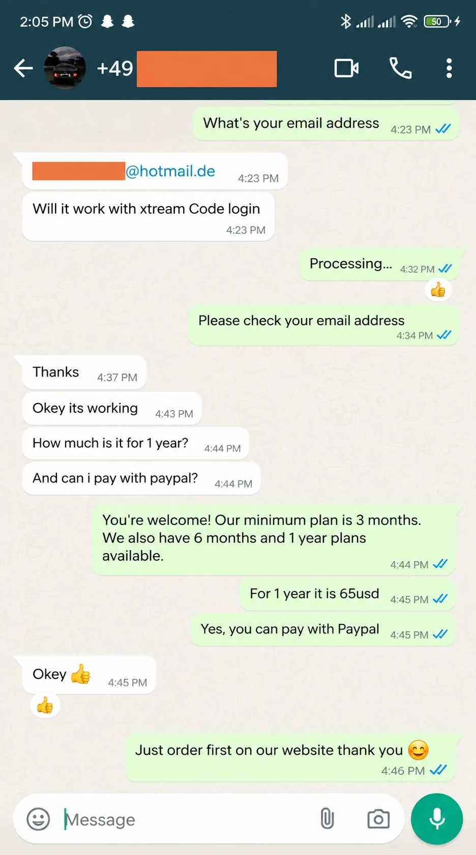 WhatsApp review from a Plima4K customer