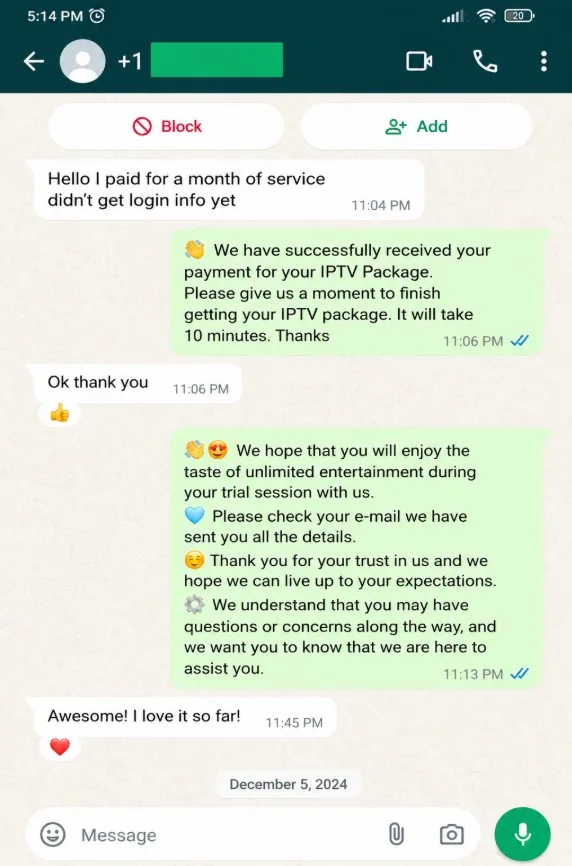 WhatsApp review from a Plima4K customer